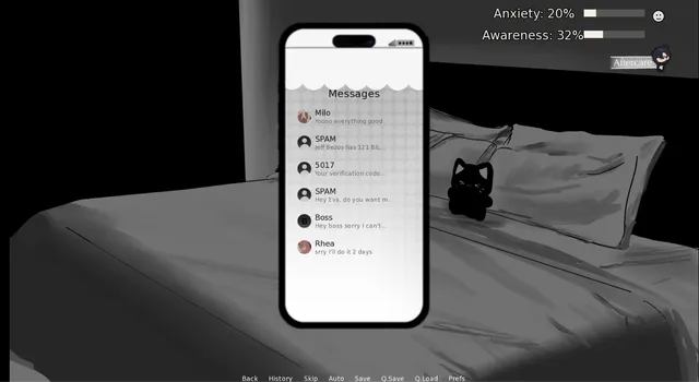 OVERD0SE screenshot: a phone showing messages from Milo, Rhea and unknown numbers, lying on a grey hospital bed