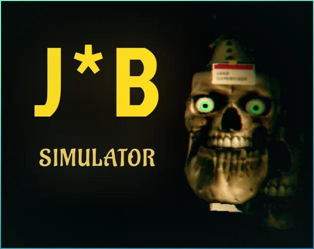 Overnight Interview art: a skull with glowing green eyes wearing a Lead Supervisor name tag beside yellow text reading J*B Simulator