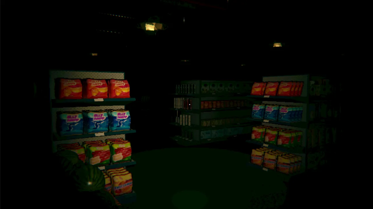 Overnight Interview screenshot: dark store aisles of snack packets lit only by a flashlight