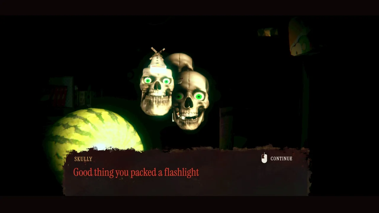 Overnight Interview screenshot: two skulls with green eyes float in the dark as Skully says Good thing you packed a flashlight
