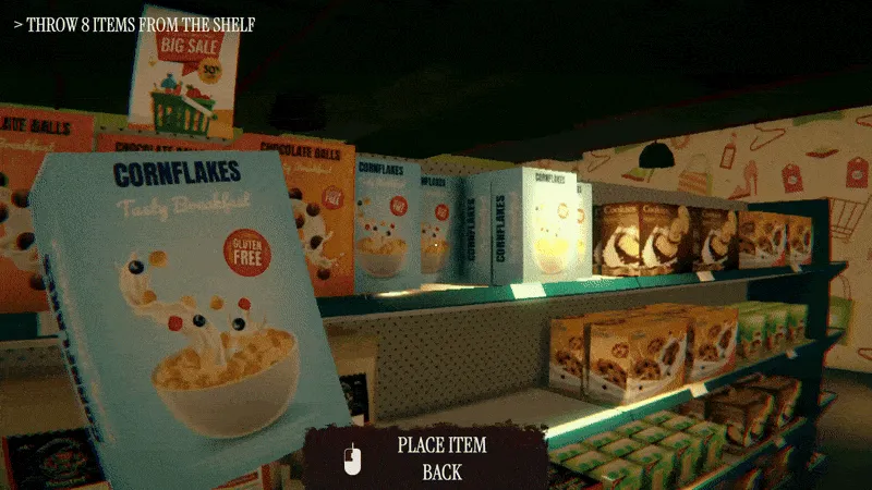 Overnight Interview screenshot: holding a box of cornflakes in front of a cereal shelf, with the task to throw 8 items from the shelf