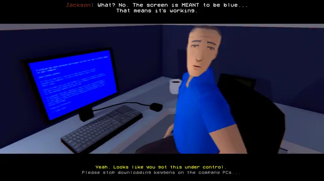 OVERTIME screenshot: a co-worker in a blue shirt turns from a blue-screened computer to insist it means it is working