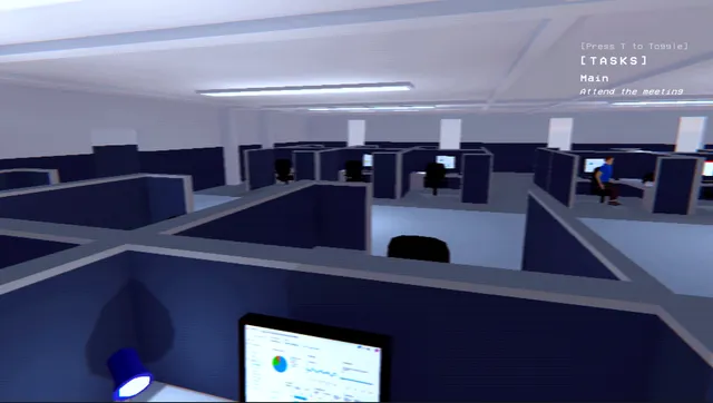 OVERTIME screenshot: a low-poly open-plan office of blue cubicles and monitors, with the task list in the corner