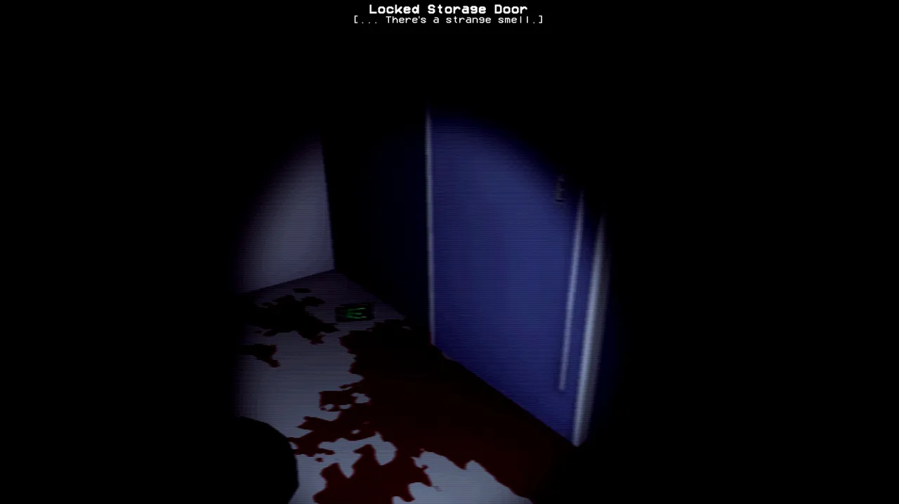OVERTIME screenshot: torchlight on a locked storage door with blood pooled on the floor and the note that there is a strange smell