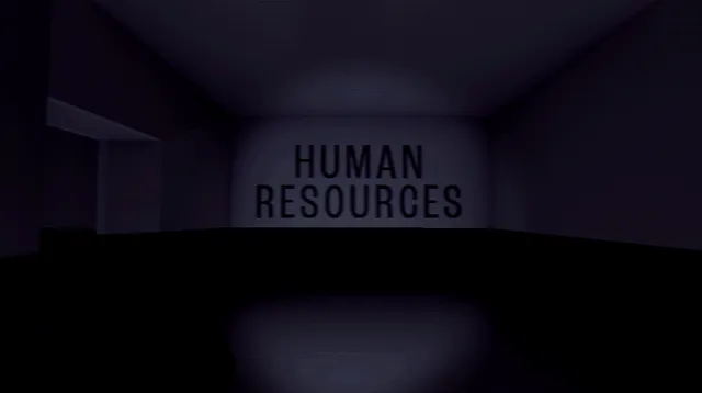 OVERTIME screenshot: a dark corridor ending in a wall that reads Human Resources