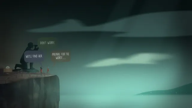 Oxenfree screenshot: a cliff edge in green mist with speech bubbles reading We'll find her and Prepare for the worst