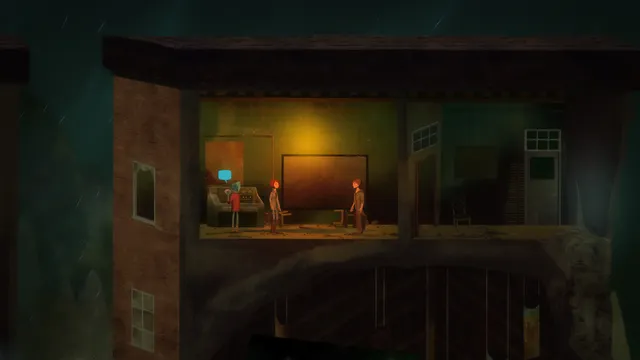 Oxenfree screenshot: three teenagers inside a lit old building at night by a large board and a control panel