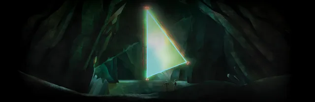 Oxenfree key art: a glowing triangular rift hanging in a dark cave