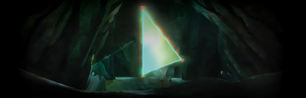 Oxenfree key art: a glowing triangular rift hanging in a dark cave