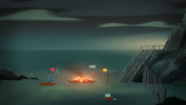 Oxenfree screenshot: teenagers around a bonfire on a dark beach below a cliff staircase, with speech bubbles
