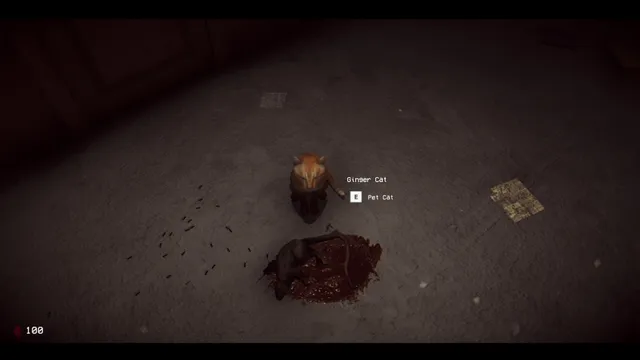 The Stairway 7 screenshot: the ginger cat on the landing with a prompt to pet it
