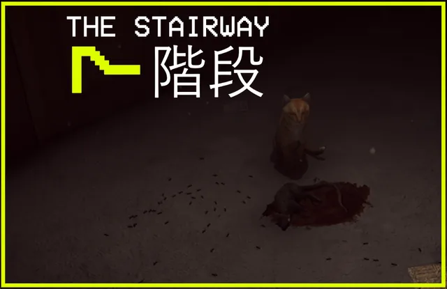 The Stairway 7 cover: the title in white and yellow over a dark landing where a ginger cat sits beside a bloody dead animal crawling with ants