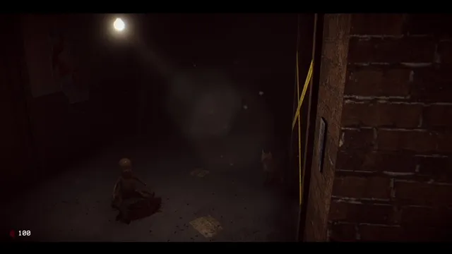 The Stairway 7 screenshot: a doll sits by a pool of blood on a dim landing under a bare bulb while the cat watches from beside the taped-up lift