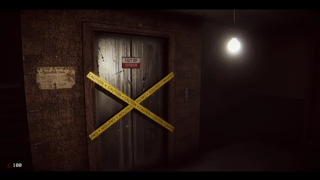 The Stairway 7 screenshot: a wooden lift door crossed with caution tape and an out of order sign under a hanging bulb