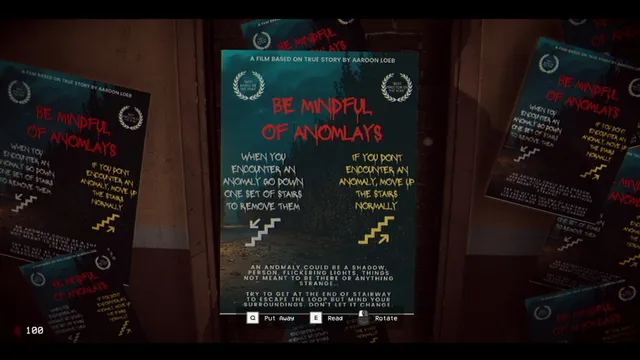 The Stairway 7 screenshot: wall posters reading Be Mindful of Anomalys explain to go down when you see an anomaly and up when you do not