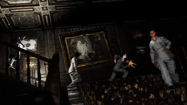 Pacify screenshot: workers in white PAH jumpsuits on the grand staircase of a dark old house, one carrying a doll