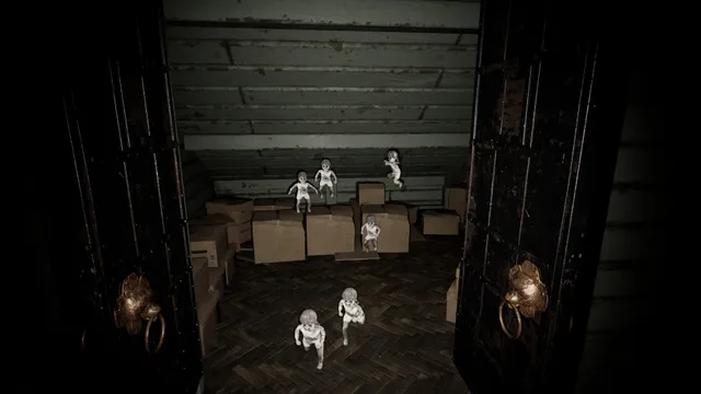Pacify screenshot: through an open door, pale baby dolls crawl among cardboard boxes in an attic room