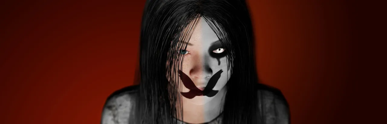 Pacify art: a pale girl with long black hair, half her face painted white with a dark eye, and a black shape over her mouth, against red