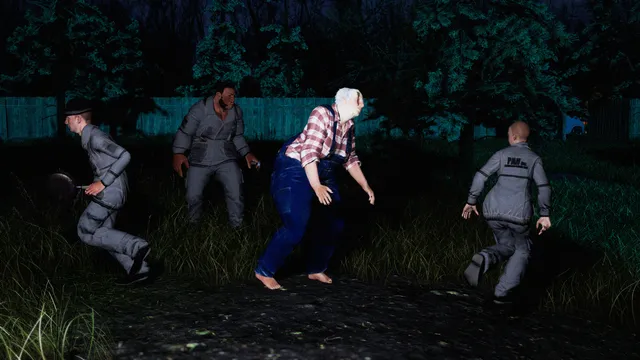 Pacify screenshot: a barefoot man in a plaid shirt stalks PAH workers across a farmyard at night