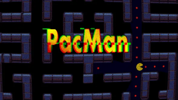 The PacMan title in glitched yellow, red and green letters over a dark maze where Pac-Man eats a line of red dots