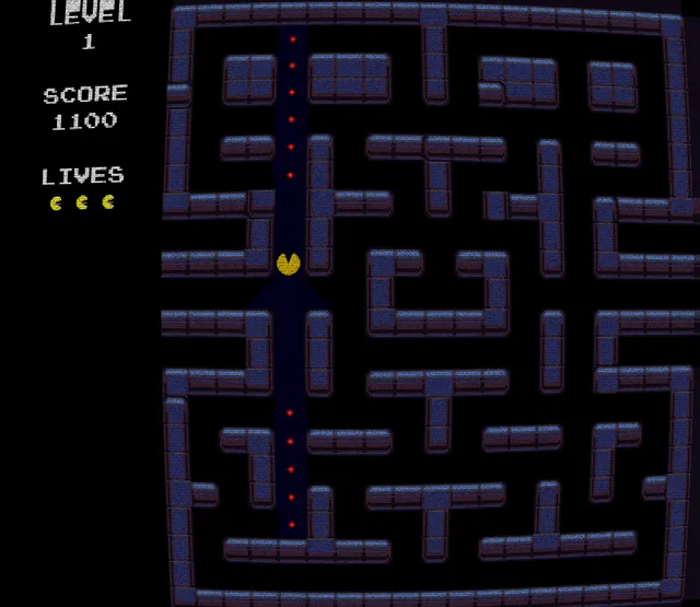 Pacman glitched ROM: Pac-Man in a dark blue maze, only the corridor he faces lit with its red dots, level 1, score 1100 and three lives at the left
