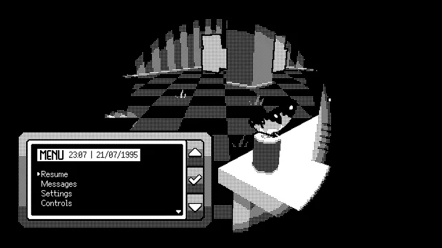 PAGER screenshot: the pager menu dated 21/07/1995 over a round view of a checkered room