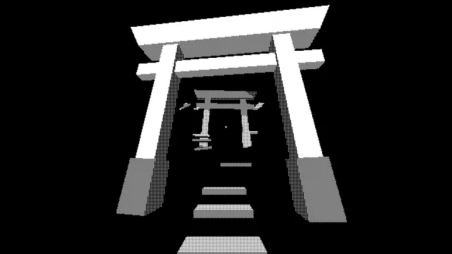 PAGER screenshot: a path of white torii gates and steps leading into black