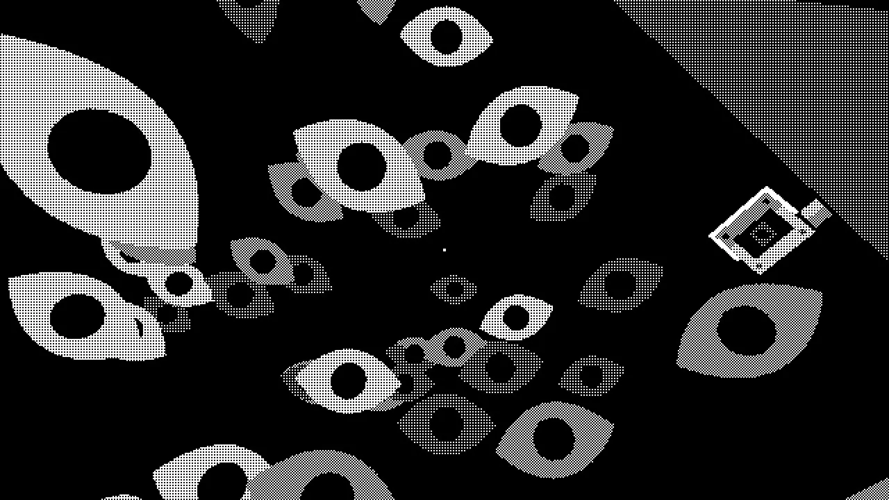 PAGER screenshot: a black-and-white 1-bit room whose walls and floor are covered in staring eyes