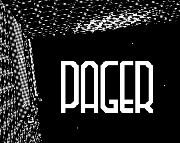PAGER cover: the title in white block letters on black beside a dithered corridor