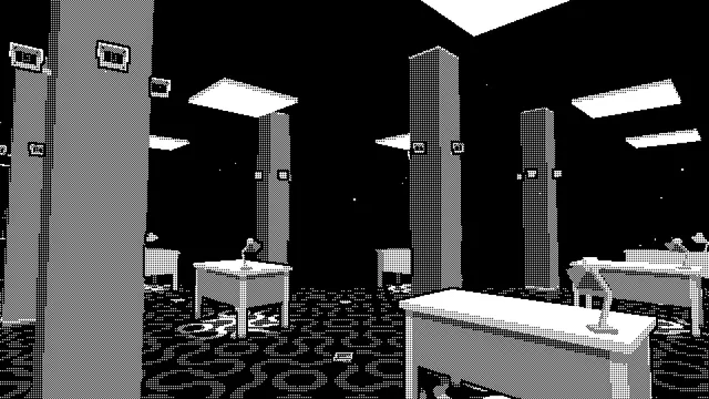 PAGER screenshot: an empty 1-bit office floor of desks, lamps, pillars and ceiling lights