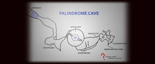 A hand-drawn map of Palindrome Cave with areas named Witch's Hat, Eagle's Eye and Clenched Teeth and a question mark over the unmapped part