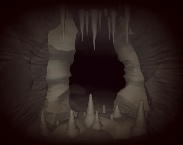 A dark cave mouth ringed with stalactites and stalagmites