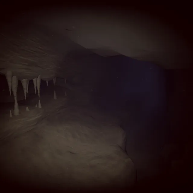 A narrow underwater passage with stalactites, fading into black water