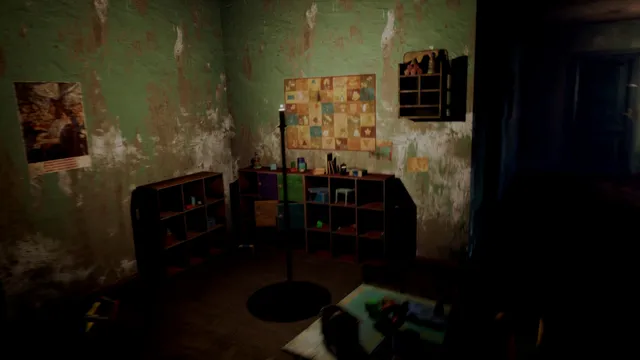 Palmyra Orphanage: a decayed playroom with peeling green walls and toy shelves