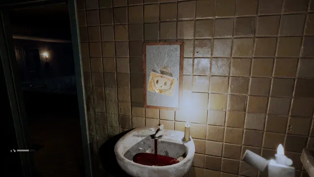 Palmyra Orphanage: a sink full of blood in a tiled washroom, lit by a candle in your hand