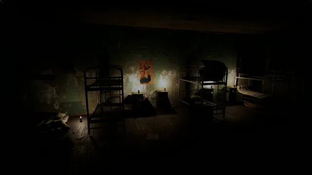 Palmyra Orphanage: a dark dormitory of iron bunk beds lit by a single lamp