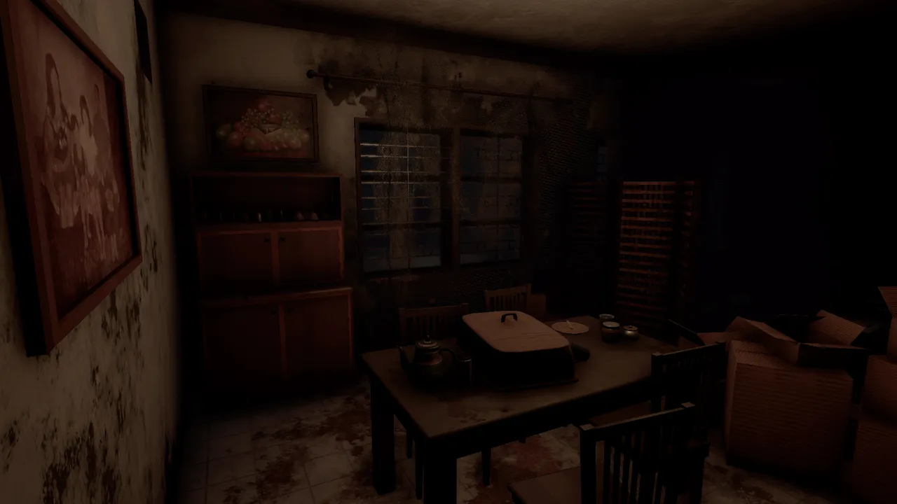 Pamali: a dusty, dim dining room with a family portrait on a stained wall, a table set with a kettle and covered dish, and moving boxes stacked by the window