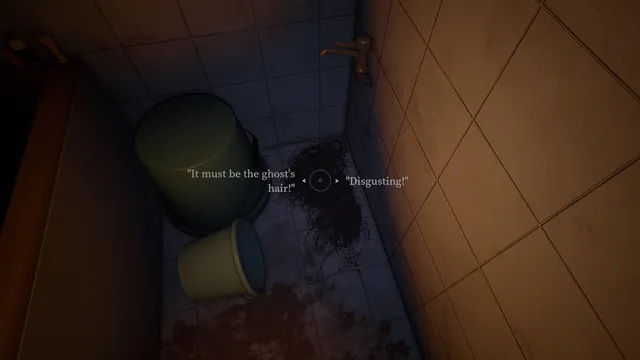 A clump of dark hair on a bathroom floor beside two buckets, with the choices 'It must be the ghost's hair!' and 'Disgusting!' on screen
