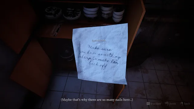 A handwritten note held up in a kitchen, warning to keep something sharp to make her back off