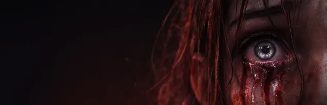 PANICORE key art: a close-up of a terrified woman's eye with blood running down her face