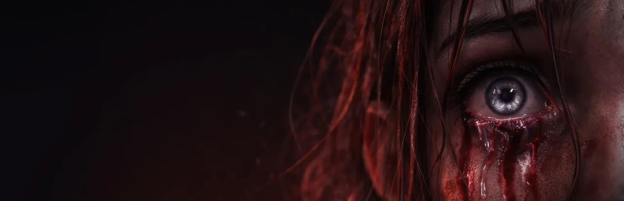PANICORE key art: a close-up of a terrified woman's eye with blood running down her face