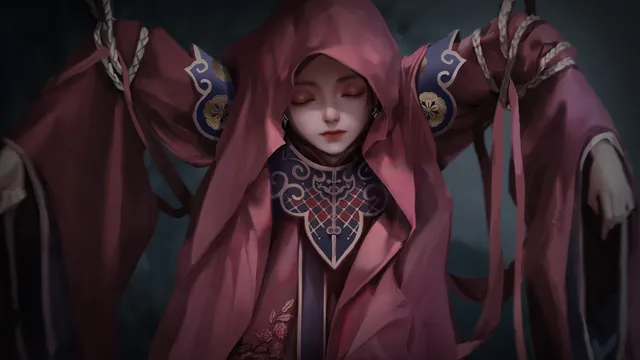 A pale woman with closed eyes in a red hooded robe with embroidered sleeves