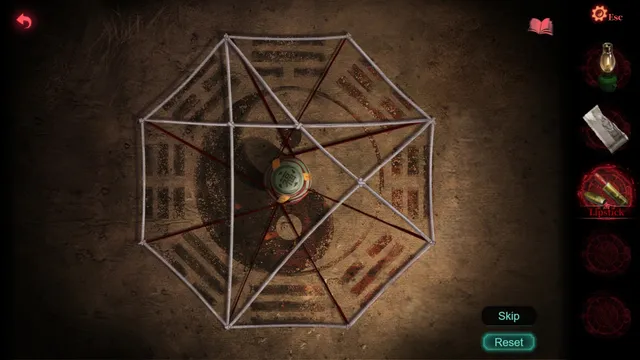 A puzzle of red thread strung across an octagonal Taoist bagua diagram
