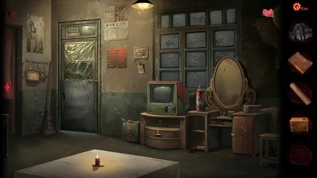 A dim, rundown room with an old television, a mirror and a red candle on a table, with the item bar on the right