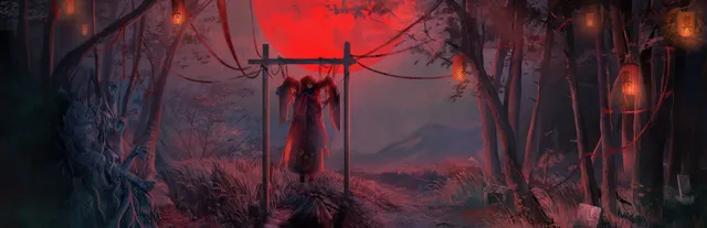 Paper Bride 2 key art: a figure in red hanging from a wooden frame in a forest under a huge red moon, lit by lanterns