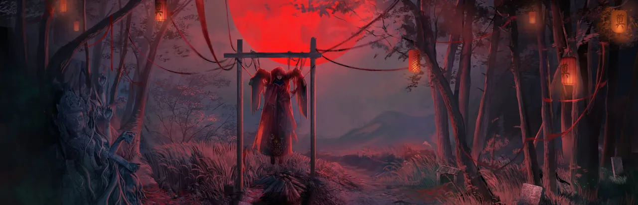 Paper Bride 2 key art: a figure in red hanging from a wooden frame in a forest under a huge red moon, lit by lanterns