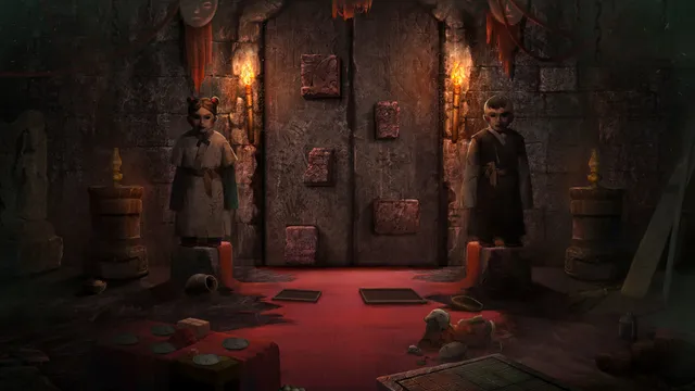 Two paper child figures standing beside a carved stone door in a red-lit shrine with candles