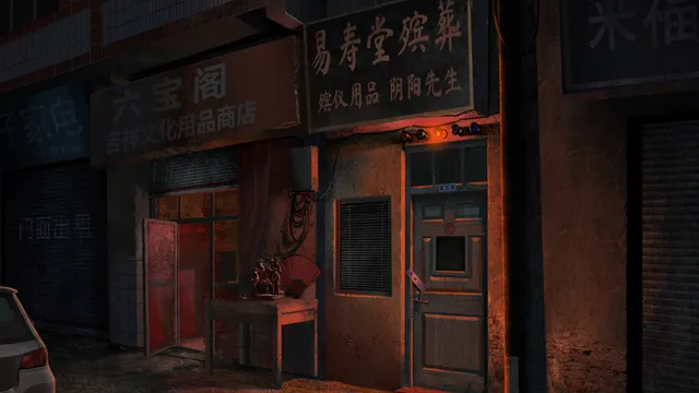 A dark street of old shops, including a funeral goods shop with red lights over its door