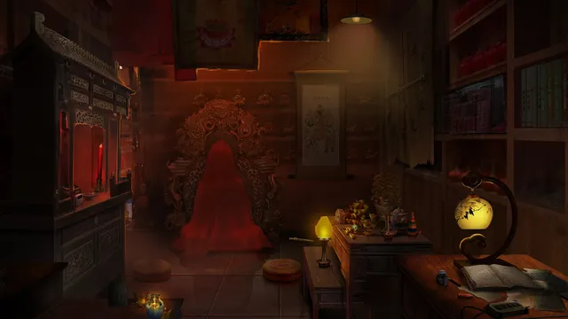 A red-lit shrine room with a veiled red figure before a carved altar and shelves of offerings