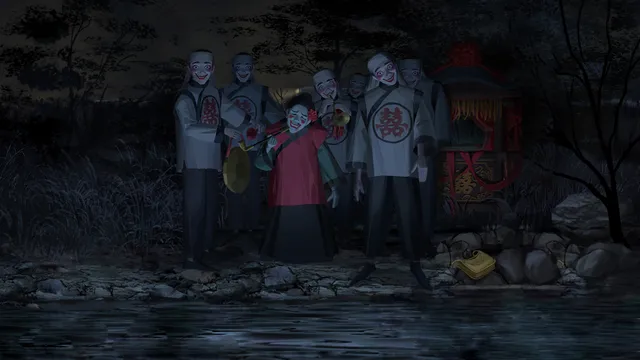 A night procession of white-robed figures in pale masks with a red wedding palanquin beside a river